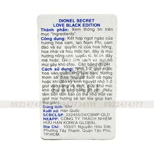 Nước Hoa Vùng Kín Dionel Màu Đen Secret Love Black Edition 5ml
