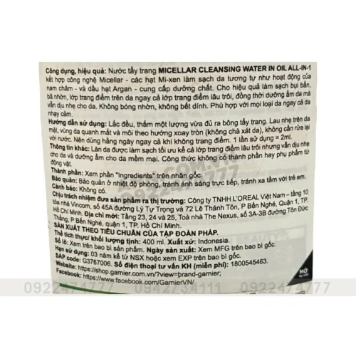 Nước Tẩy Trang Garnier Màu Vàng Micellar Cleansing Water in Oil 400ml