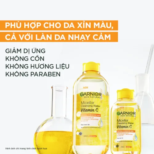 Nước Tẩy Trang Garnier Nắp Vàng Micellar Cleansing Water Vitamin C Dành Cho Da Sạm Xỉn Màu 400ml