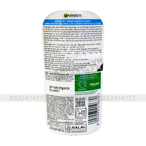 Nước Tẩy Trang Garnier Nắp Xanh Micellar Cleansing Water Salicylic BHA Dành Cho Da Dầu Mụn 400ml
