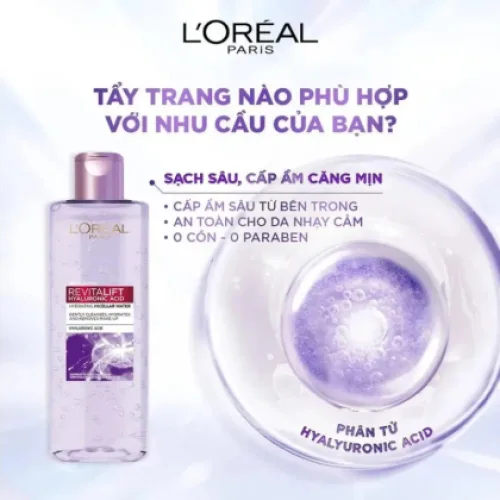 Nước Tẩy Trang L'Oreal Paris Revitalift Hyaluronic Acid Hydrating Micellar Water Làm Sạch Và Cấp Ẩm