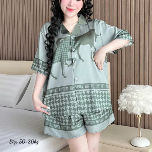 Đồ Bộ Ngủ Tay Ngắn Quần Đùi Nữ Họa Tiết Sang Trọng Mặc Mát Thoải Mái Big Size 50–80kg