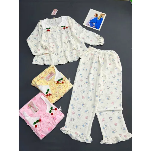 Đồ Bộ Nữ Áo Cổ Sen Tay Dài Quần Dài Họa Tiết Gấu Đáng Yêu Vải Cotton Hàn Mịn Mát Size 45-62kg
