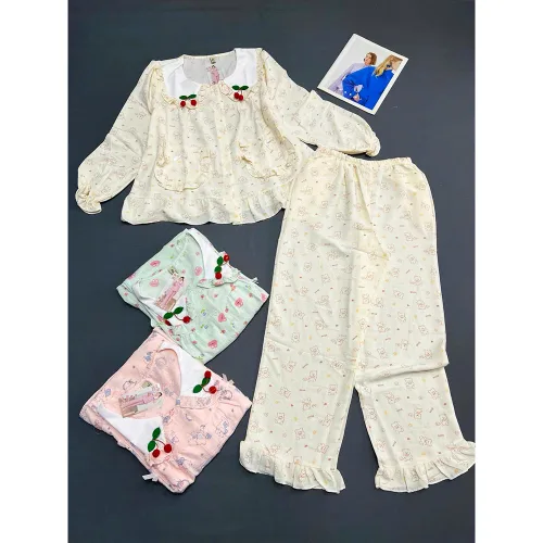 Đồ Bộ Nữ Áo Cổ Sen Tay Dài Quần Dài Họa Tiết Gấu Đáng Yêu Vải Cotton Hàn Mịn Mát Size 45-62kg