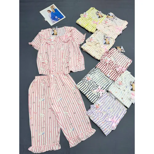Đồ Bộ Nữ Áo Cổ Sen Tay Ngắn Quần Lửng Họa Tiết Gấu Đáng Yêu Vải Cotton Hàn Mịn Mát Size 45-62kg