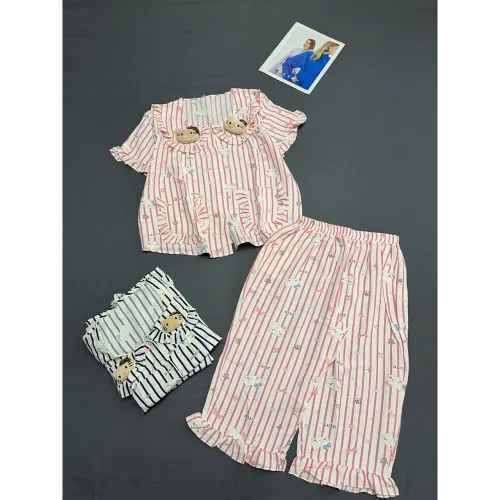 Đồ Bộ Nữ Áo Cổ Sen Tay Ngắn Quần Lửng Họa Tiết Gấu Đáng Yêu Vải Cotton Hàn Mịn Mát Size 45-62kg