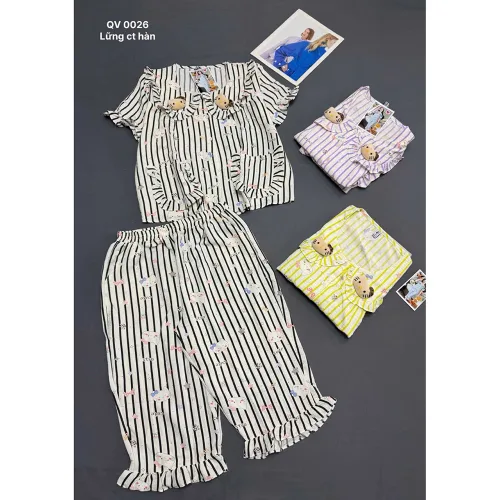 Đồ Bộ Nữ Áo Cổ Sen Tay Ngắn Quần Lửng Họa Tiết Gấu Đáng Yêu Vải Cotton Hàn Mịn Mát Size 45-62kg