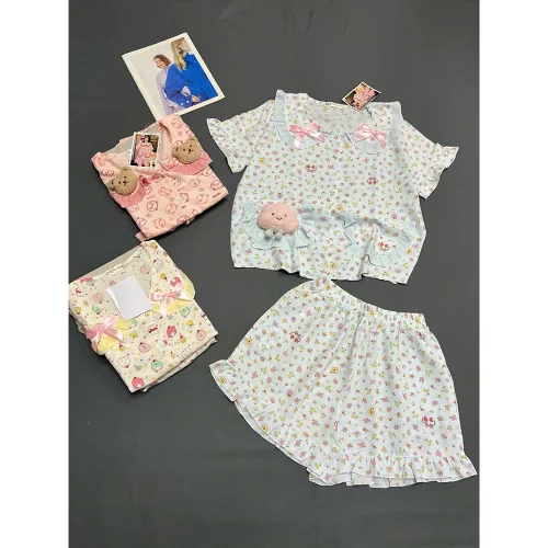 Đồ Bộ Nữ Áo Cổ Sen Tay Ngắn Quần Đùi Họa Tiết Đáng Yêu Vải Cotton Hàn Mịn Mát Size 45-62kg