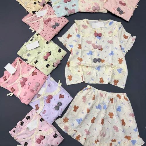 Đồ Bộ Nữ Áo Cổ Sen Tay Ngắn Quần Đùi Họa Tiết Gấu Đáng Yêu Vải Cotton Hàn Mịn Mát Size 45-62kg