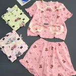 Đồ Bộ Nữ Áo Cổ Sen Tay Ngắn Quần Đùi Họa Tiết Gấu Đáng Yêu Vải Cotton Hàn Mịn Mát Size 45-62kg
