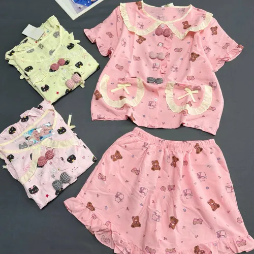 Đồ Bộ Nữ Áo Cổ Sen Tay Ngắn Quần Đùi Họa Tiết Gấu Đáng Yêu Vải Cotton Hàn Mịn Mát Size 45-62kg