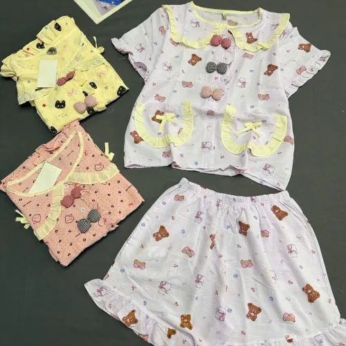 Đồ Bộ Nữ Áo Cổ Sen Tay Ngắn Quần Đùi Họa Tiết Gấu Đáng Yêu Vải Cotton Hàn Mịn Mát Size 45-62kg
