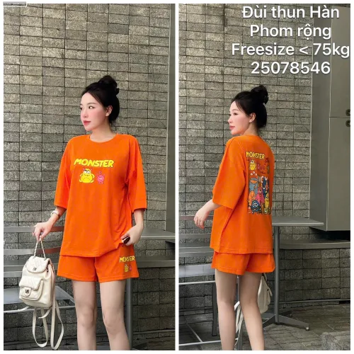Đồ bộ nữ áo tay ngắn quần Đùi thun hàn co giãn phom rộng <75kg