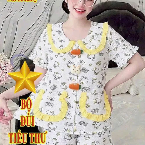 Đồ bộ nữ cổ sen quần đùi vải cotton hàn không giãn QV-95026