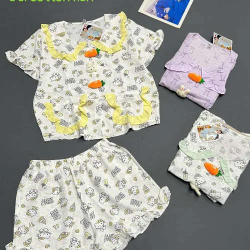 Đồ bộ nữ cổ sen quần đùi vải cotton hàn không giãn QV-95026