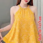 Đồ bộ nữ cổ yếm quần  đùi vải gấm phối mango