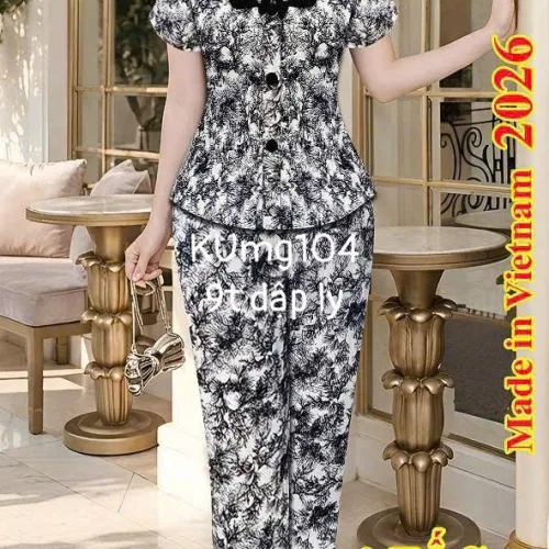 Đồ bộ nữ tay ngắn áo dập ly quần 9 tấc KUmg104