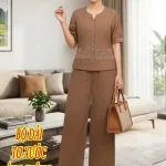 Đồ bộ nữ  tay ngắn Quần dài ống rông phối ren