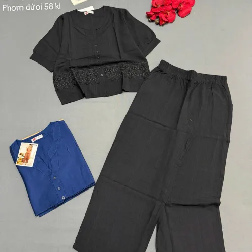 Đồ bộ nữ  tay ngắn Quần dài ống rông phối ren