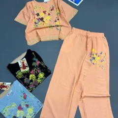 Đồ bộ nữ tay ngắn quần ống rộng in hoa