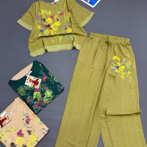 Đồ bộ nữ tay ngắn quần ống rộng in hoa