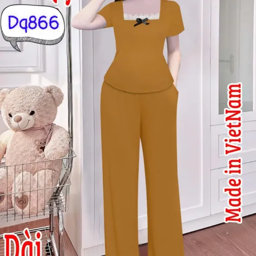 Đồ bộ quần dài áo tay ngắn cổ vuông ren nơ