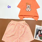 Đồ bộ quần đùi ca rô nhỏ áo thun in hình gấu