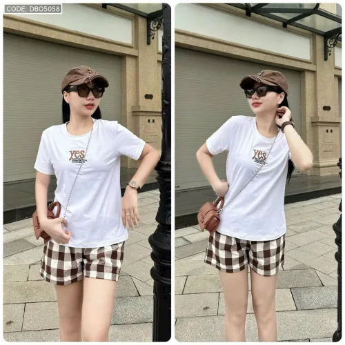Đồ bộ quần đùi carô áo tay ngắn in chữ yes
