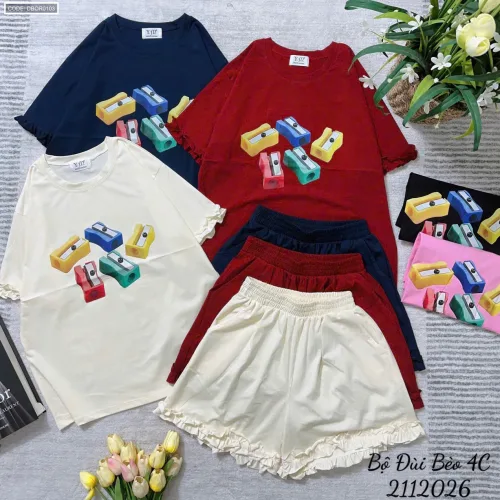 Đồ bộ thun nữ áo tay ngắn quần đùi bèo chất cotton 4 chiều