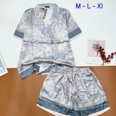Đồ bộ vải  latin  pijama quần đùi  áo tay ngắn cổ xéo mới