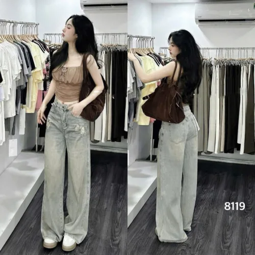 Quần Jeans Cotton Nữ Ống Suông Vải Dày Mềm Không Co Giãn Tôn Dáng