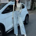 Quần Jeans Cotton Nữ Ống Suông Vải Dày Mềm Không Co Giãn Tôn Dáng