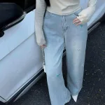 Quần Jeans Cotton Nữ Ống Suông Vải Dày Mềm Không Co Giãn Tôn Dáng