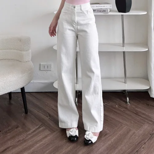 Quần Jeans Nữ Ống Rộng Vải Dày Mềm Không Co Giãn Phối Nơ Ở Túi Quần Cực Xinh