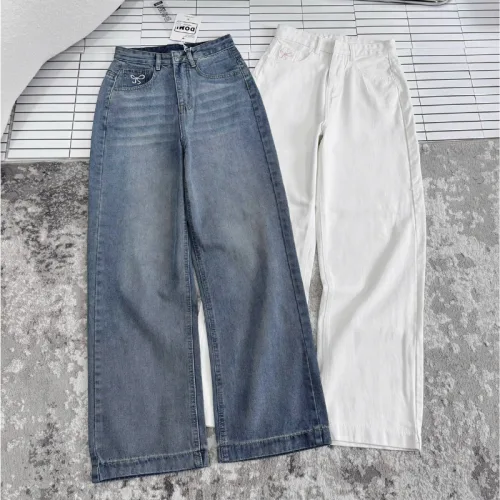 Quần Jeans Nữ Ống Rộng Vải Dày Mềm Không Co Giãn Phối Nơ Ở Túi Quần Cực Xinh