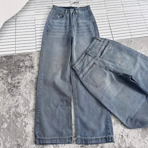 Quần Jeans Nữ Ống Rộng Vải Dày Mềm Không Co Giãn Phối Nơ Ở Túi Quần Cực Xinh