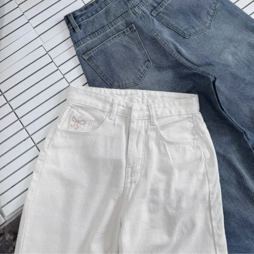 Quần Jeans Nữ Ống Rộng Vải Dày Mềm Không Co Giãn Phối Nơ Ở Túi Quần Cực Xinh