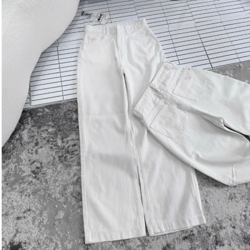 Quần Jeans Nữ Ống Rộng Vải Dày Mềm Không Co Giãn Phối Nơ Ở Túi Quần Cực Xinh