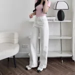 Quần Jeans Nữ Ống Rộng Vải Dày Mềm Không Co Giãn Phối Nơ Ở Túi Quần Cực Xinh
