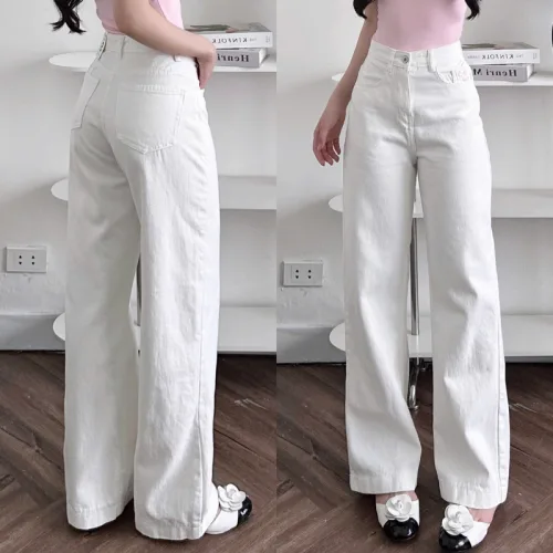 Quần Jeans Nữ Ống Rộng Vải Dày Mềm Không Co Giãn Phối Nơ Ở Túi Quần Cực Xinh