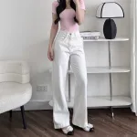 Quần Jeans Nữ Ống Rộng Vải Dày Mềm Không Co Giãn Phối Nơ Ở Túi Quần Cực Xinh