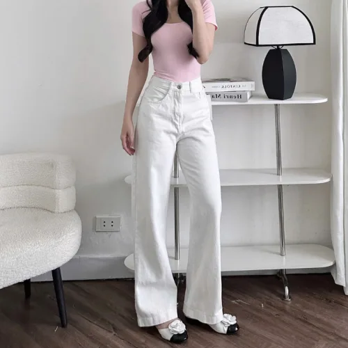 Quần Jeans Nữ Ống Rộng Vải Dày Mềm Không Co Giãn Phối Nơ Ở Túi Quần Cực Xinh