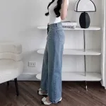 Quần Jeans Nữ Ống Rộng Vải Dày Mềm Không Co Giãn Phối Nơ Ở Túi Quần Cực Xinh