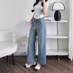 Quần Jeans Nữ Ống Rộng Vải Dày Mềm Không Co Giãn Phối Nơ Ở Túi Quần Cực Xinh