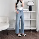 Quần Jeans Nữ Ống Rộng Vải Dày Mềm Không Co Giãn Phối Nơ Ở Túi Quần Cực Xinh