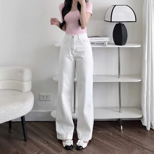 Quần Jeans Nữ Ống Rộng Vải Dày Mềm Không Co Giãn Phối Nơ Ở Túi Quần Cực Xinh