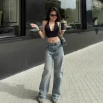 Quần Jeans Nữ Ống Suông Vải Dày Mềm Không Co Giãn Tôn Dáng