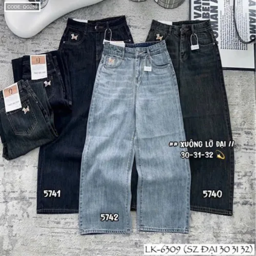 Quần Jeans Nữ Ống Suông Vải Dày Mềm Không Co Giãn Tôn Dáng