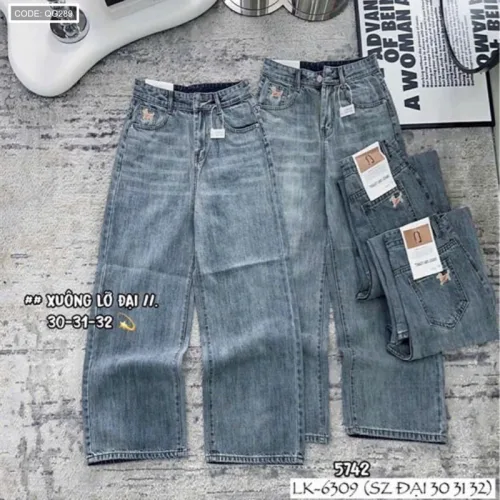 Quần Jeans Nữ Ống Suông Vải Dày Mềm Không Co Giãn Tôn Dáng