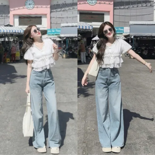 Quần Jeans Nữ Ống Suông Vải Dày Mềm Không Co Giãn Tôn Dáng